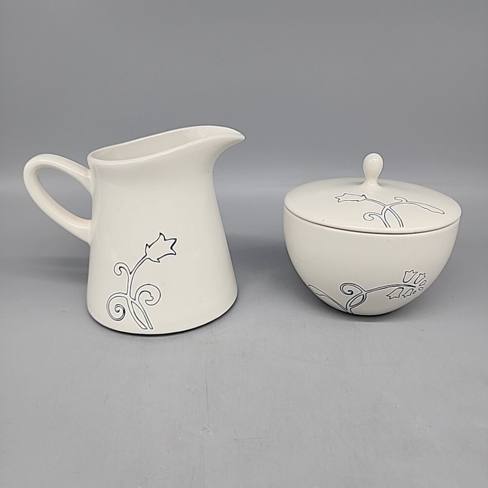 NWT Ikea Lid Sugar Bowl & Creamer Set Blue Floral Design 10866 Ivory 4" Pitcher